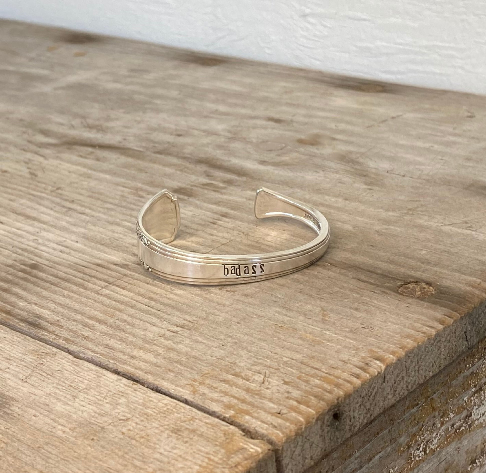 Upcycled Silverware Spoon Cuff Stamped BADASS