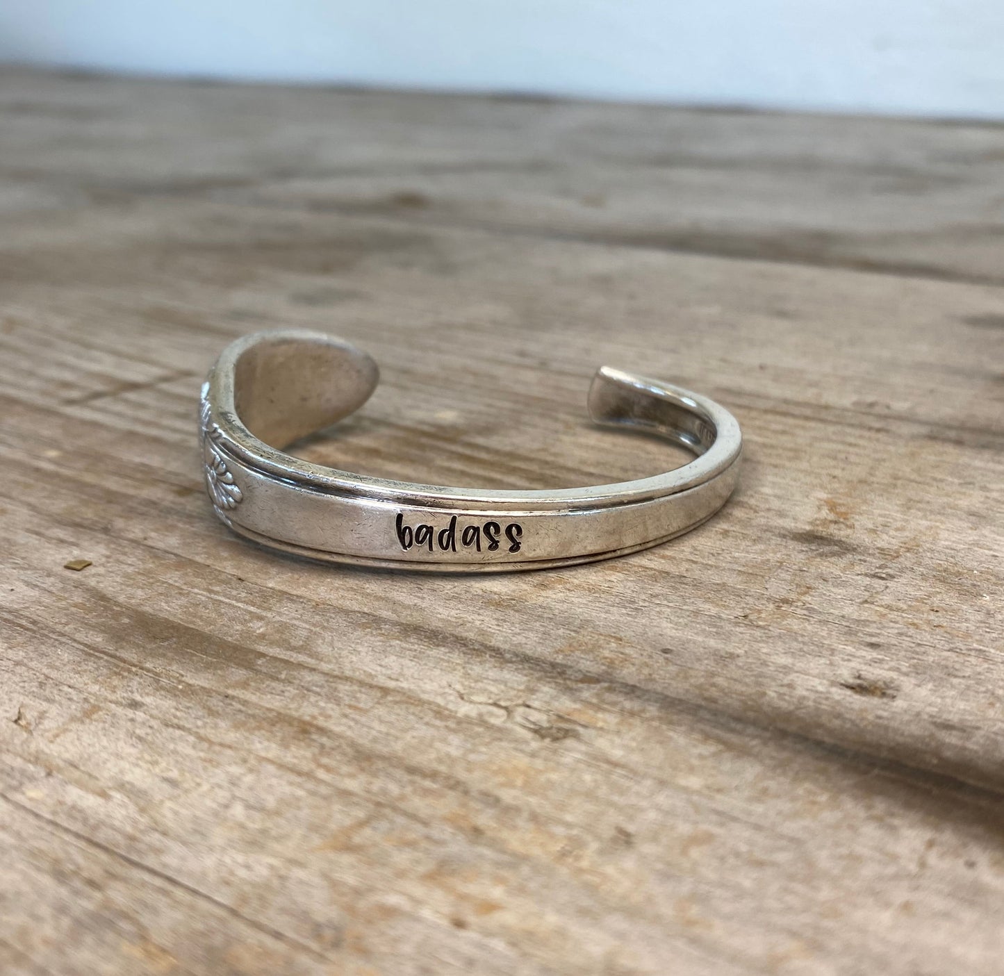 Upcycled silverware spoon cuff bracelet stamped BADASS