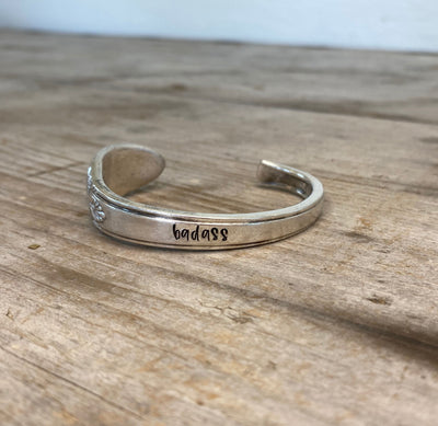Upcycled silverware spoon cuff bracelet stamped BADASS