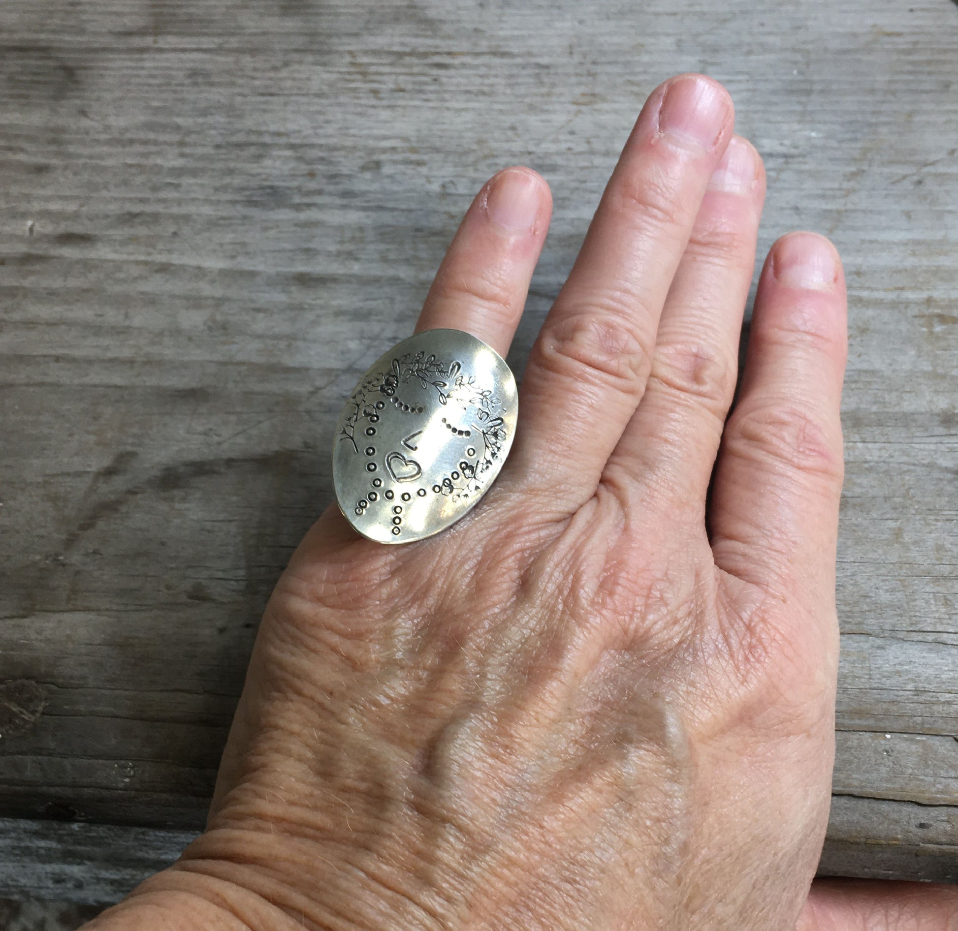 Artisan Women of Nature Willow spoon ring crafted from upcycled vintage silverware shown on a hand