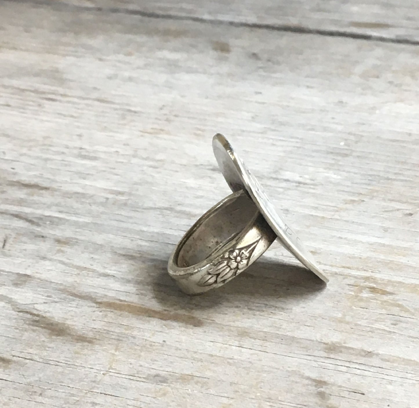 Shank view of hand-stamped Ellery statement ring - nature-inspired vintage silverware jewelry