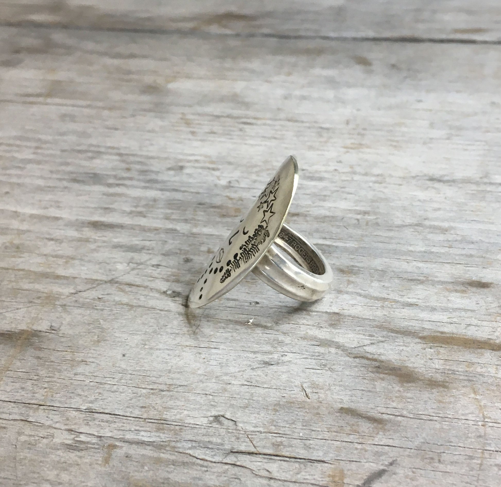 Close-up of Stella Women of Nature handmade spoon ring - upcycled vintage silverware