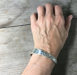 Perfectly Imperfect Hand Stamped Spoon Cuff Bracelet Shown on Model