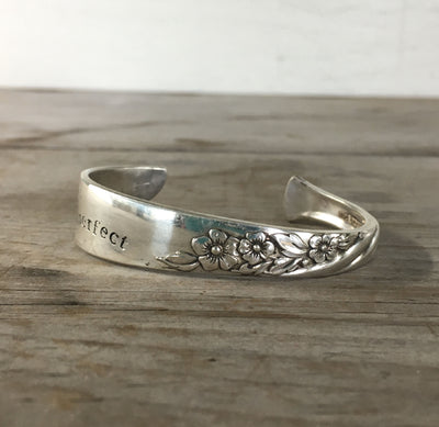 Top Floral View of Perfectly Imperfect Hand Stamped Spoon Cuff Bracelet