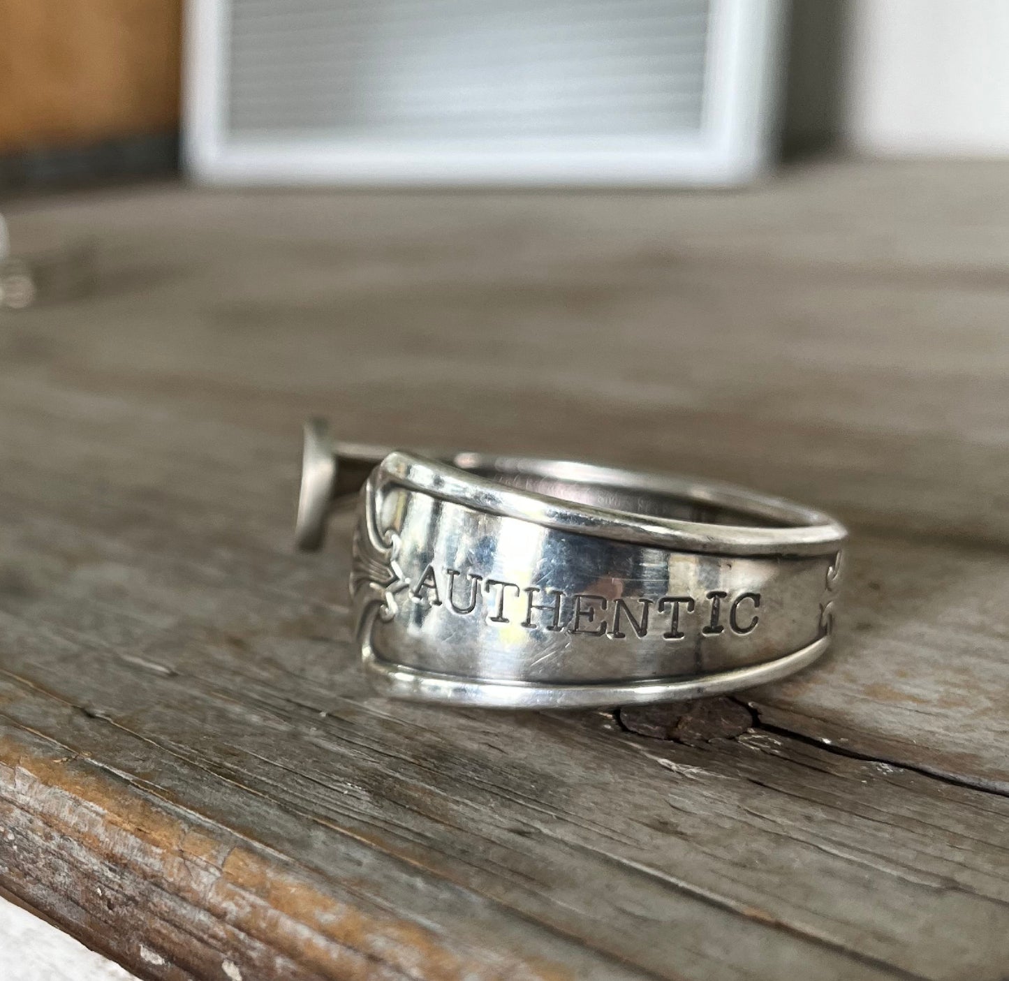 Hand-stamped spoon cuff bracelet from Wm. Rogers Mfg. Fidelis pattern with AUTHENTIC message