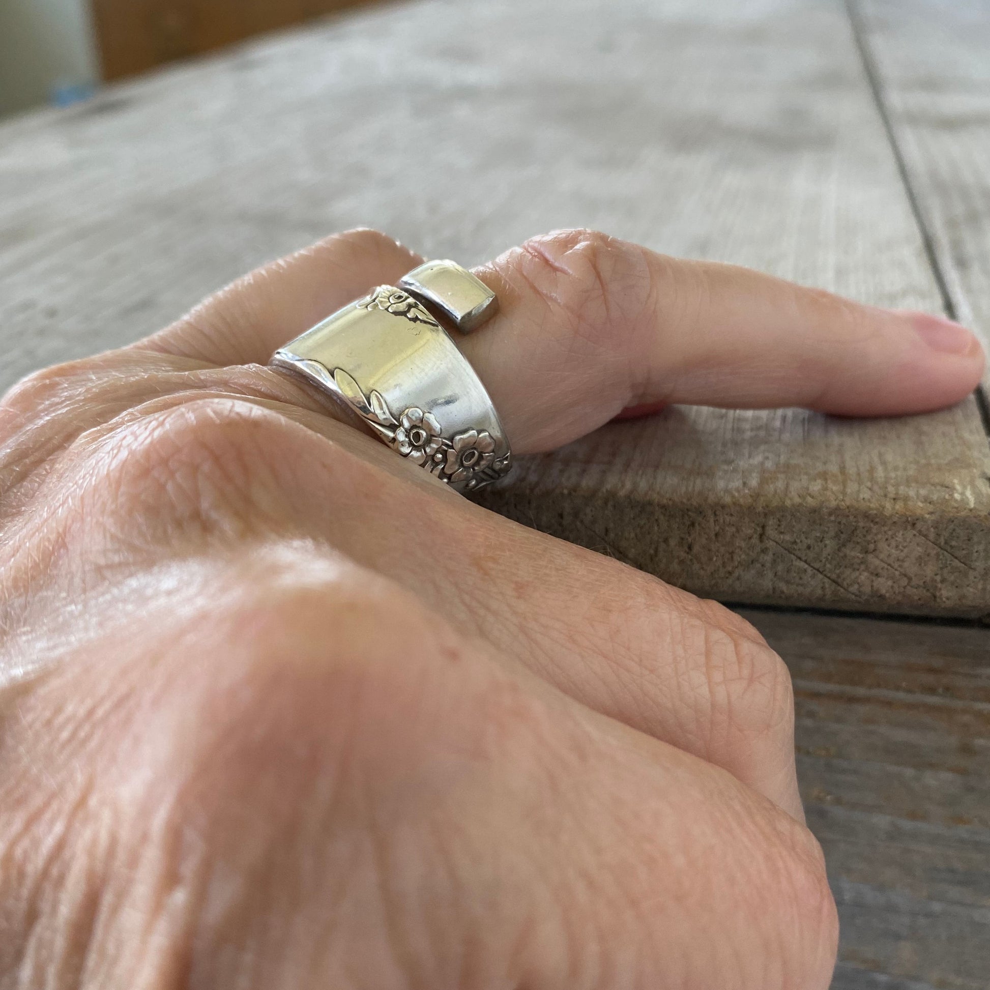 Coil Wrap Handmade Spoon Ring Shown on Model's hand