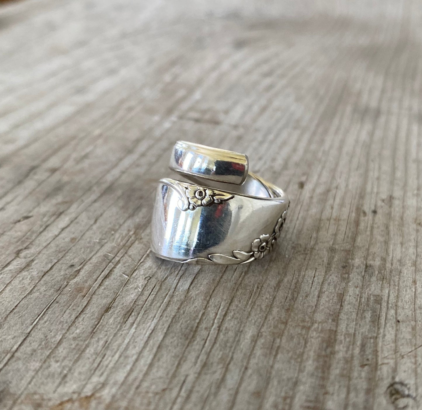 Spoon Ring in Coil Wrap Shape made with vintage tudor plate silverware handle
