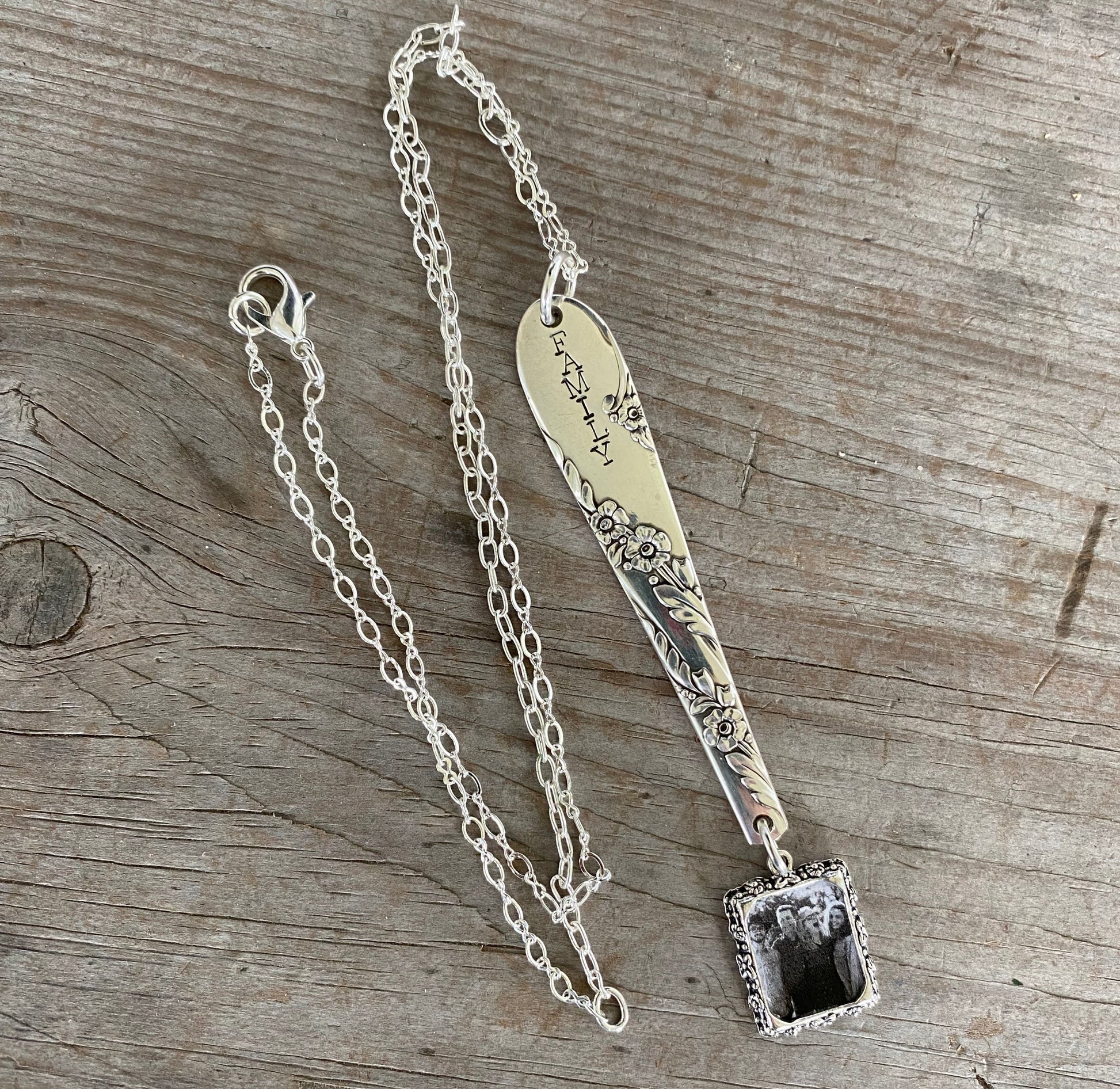 Hand-stamped FAMILY silverware necklace with customizable photo frame, upcycled 1950 Tudor Plate Bridal Wreath silverplate, meaningful keepsake gift