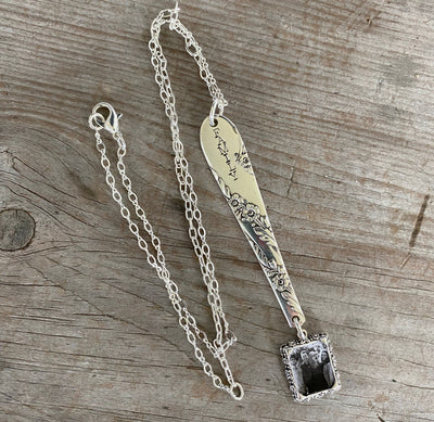 Hand-stamped FAMILY silverware necklace with customizable photo frame, upcycled 1950 Tudor Plate Bridal Wreath silverplate, meaningful keepsake gift