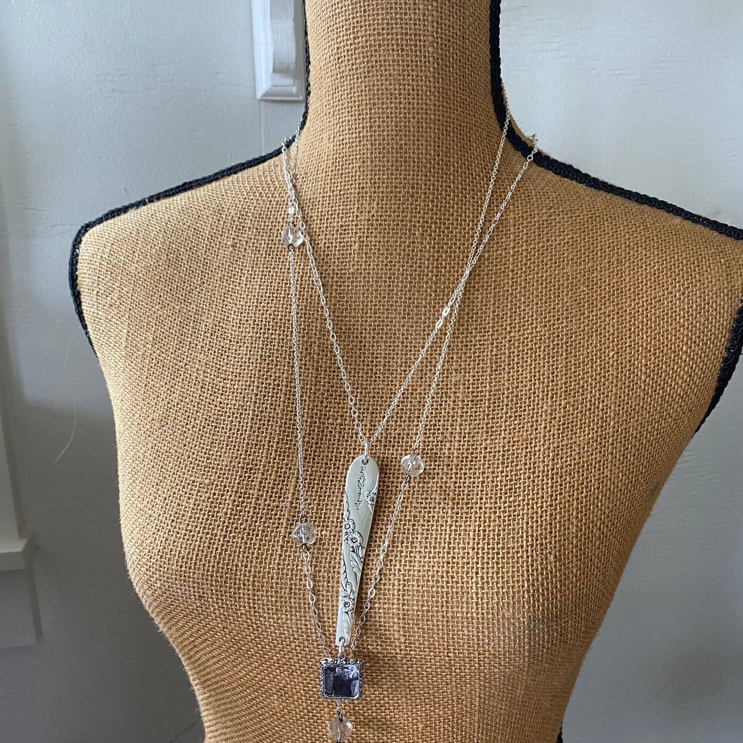 FAMILY hand-stamped silverware necklace worn on model showing 4.5-inch pendant and 24-inch chain, personalized keepsake gift for Mom or Grandma
