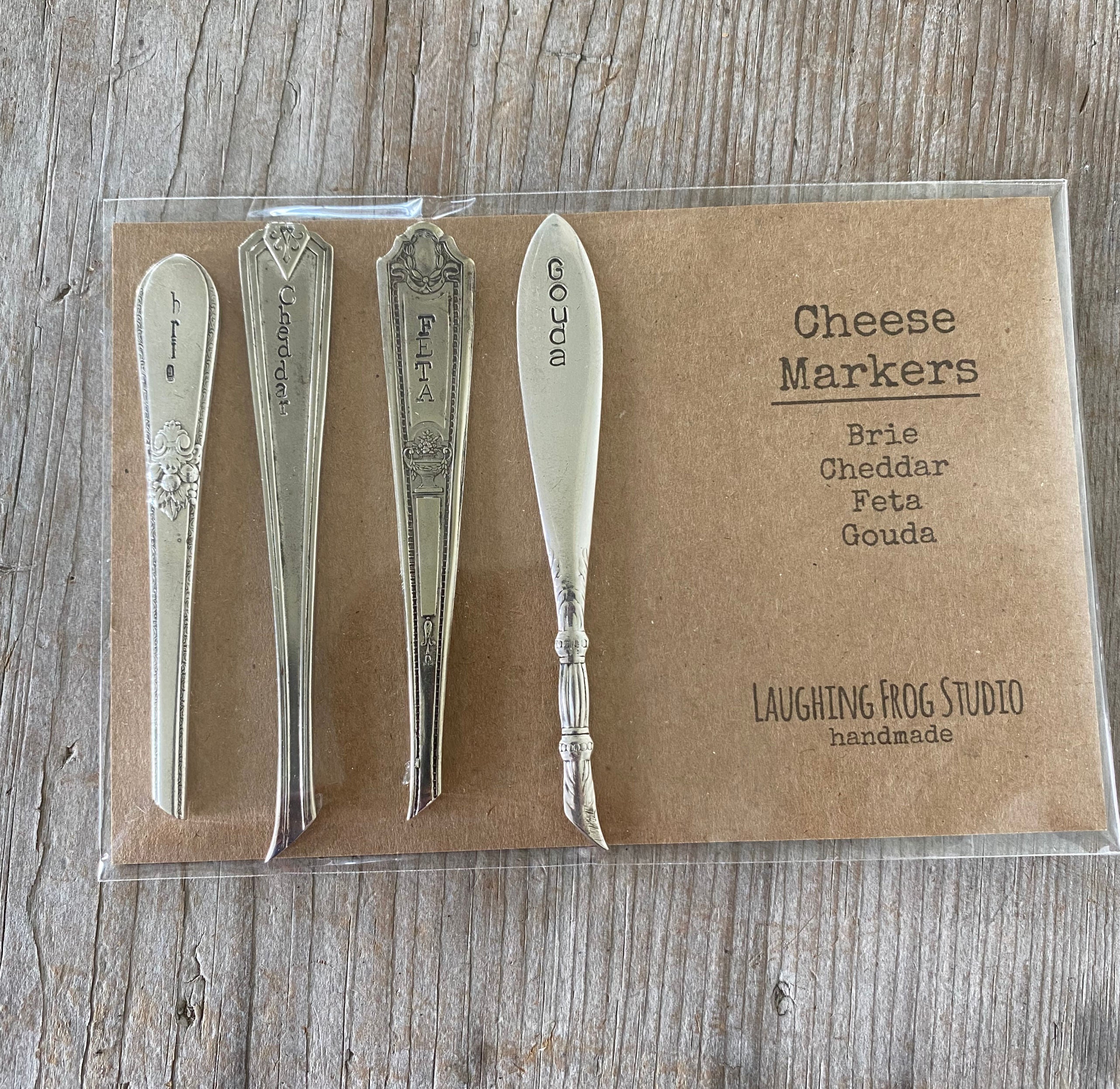 Upcycled vintage silverware cheese markers set of 4 - hand-stamped Brie, Cheddar, Feta, Gouda - antique handle hostess gift