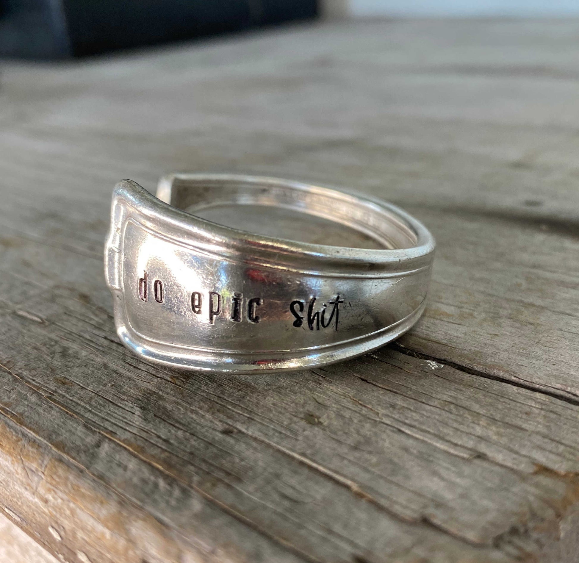 Hand-stamped spoon cuff bracelet from International Silver Cromwell pattern with DO EPIC SHIT message and historic hotel silver