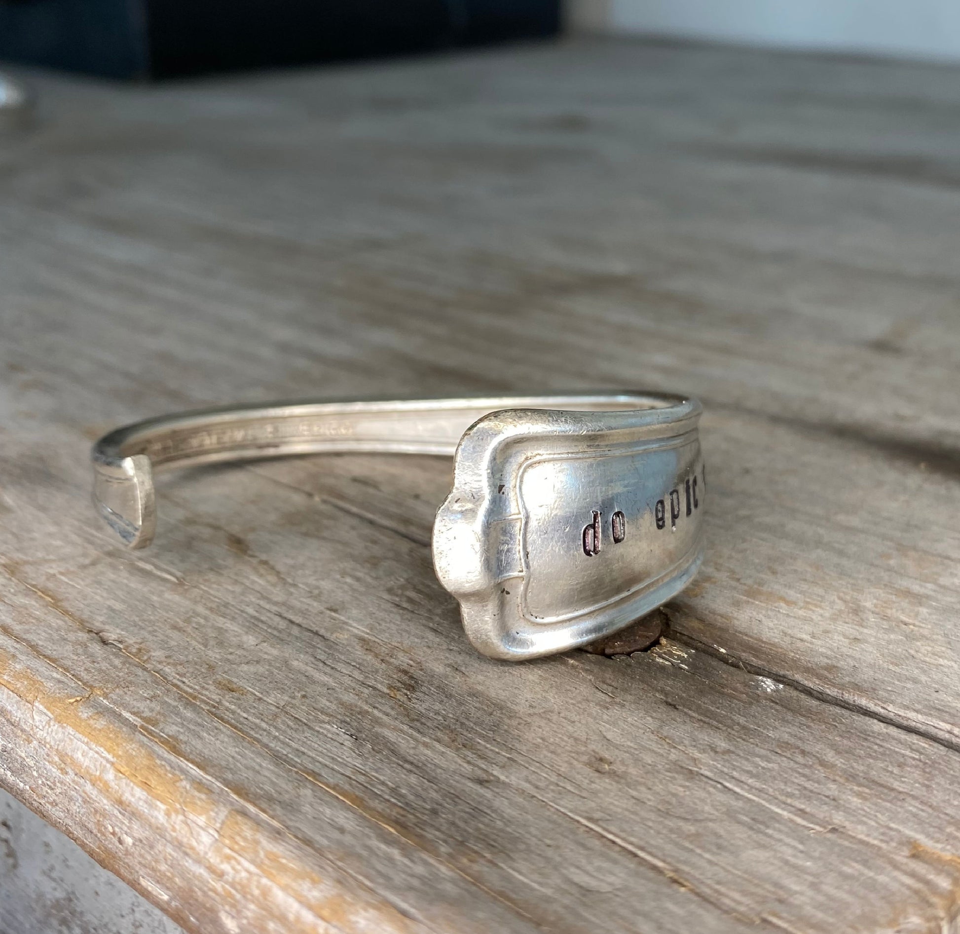 Upcycled vintage spoon cuff bracelet Cromwell pattern with hand-stamped message - handcrafted artisan silverware jewelry