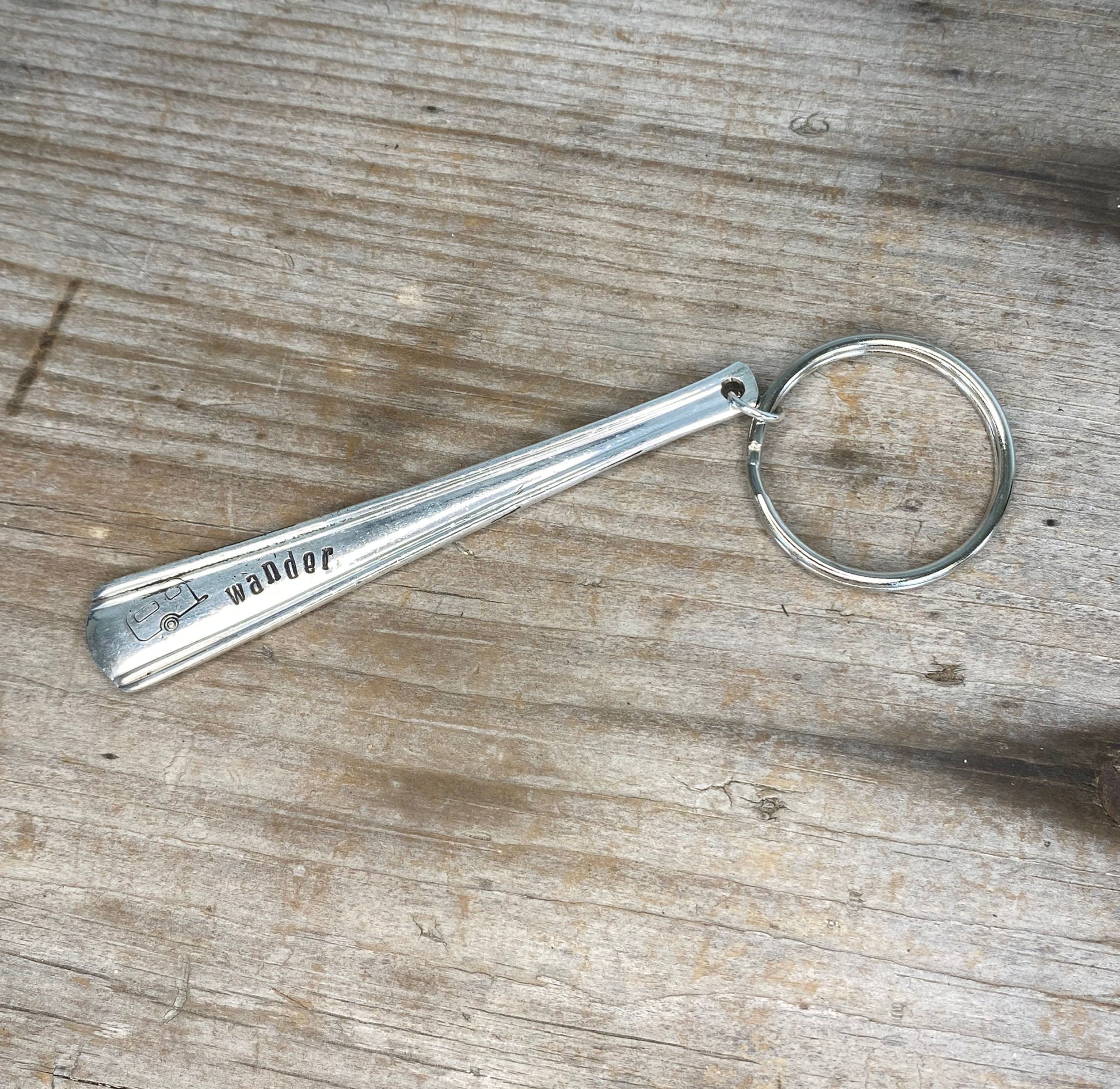Wander hand-stamped spoon keychain handcrafted from upcycled vintage silverware travel lover gift