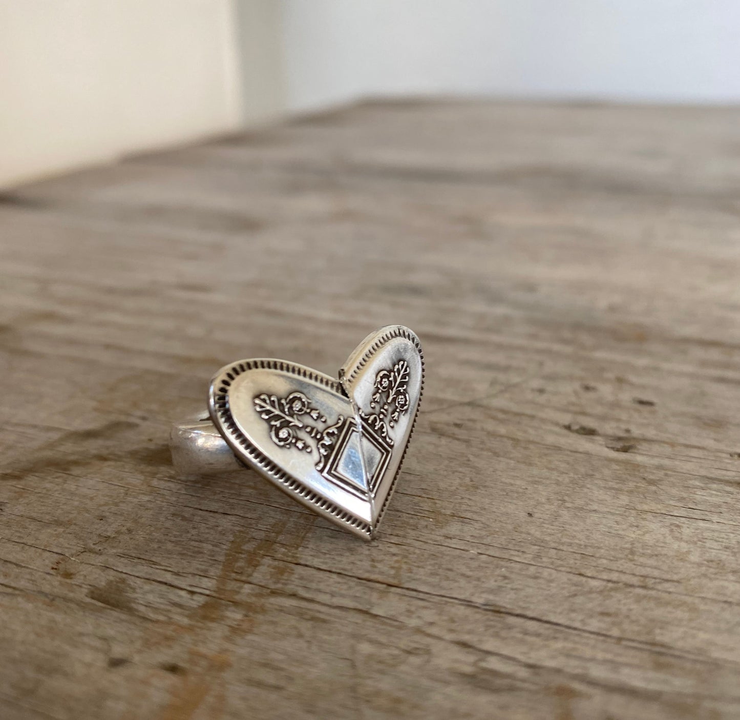 Heart spoon ring made from vintage silverware handles of the Grosvenor pattern - upcycled statement jewelry