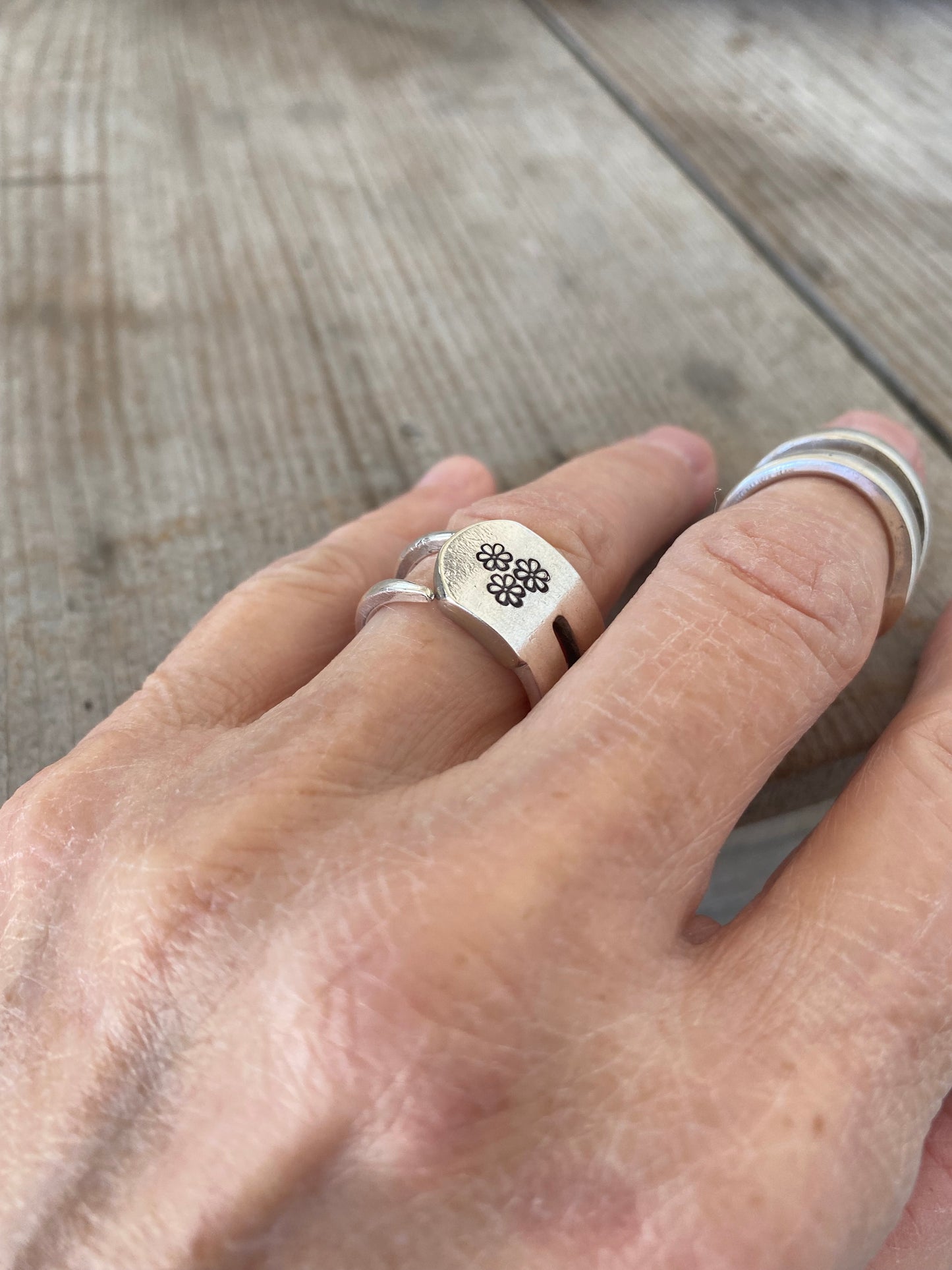 Fork Tine Ring - Double - Trio of Daisies - SIZE 7.5 - #5826