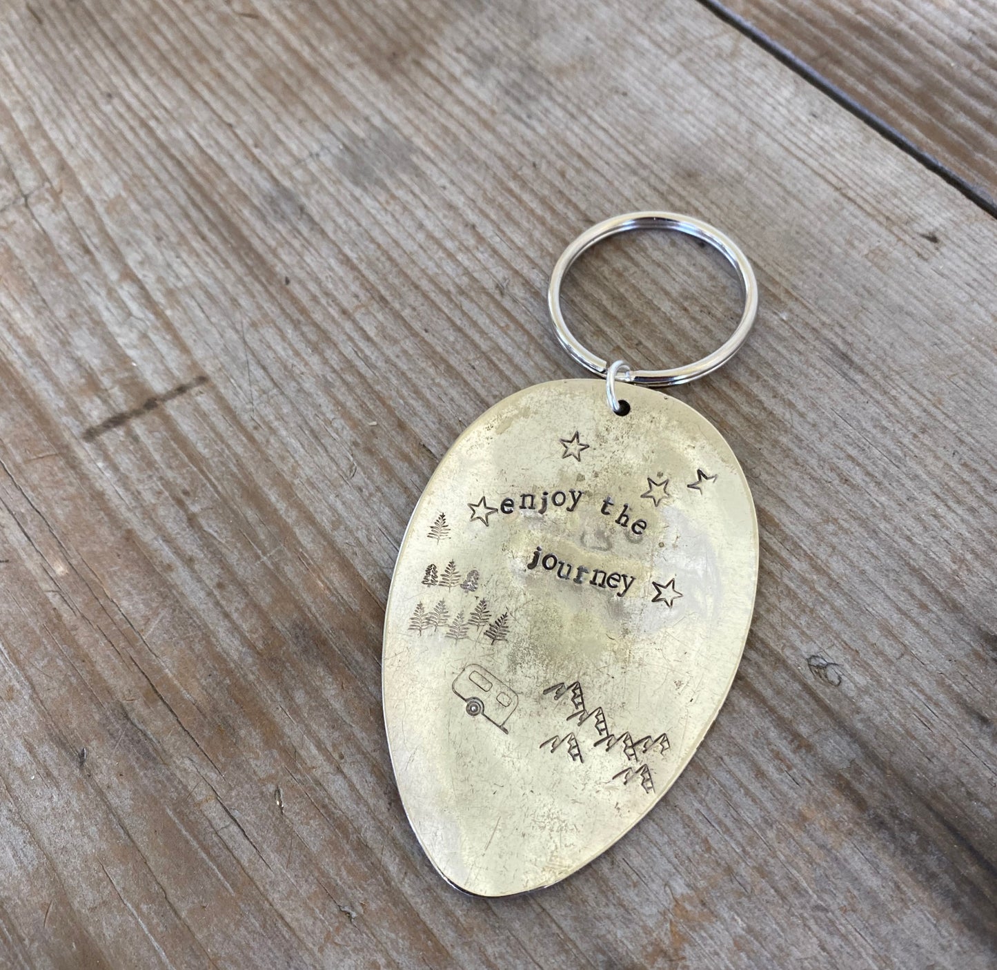 Hand-stamped vintage spoon keychain with Enjoy the Journey inspirational message upcycled silverware