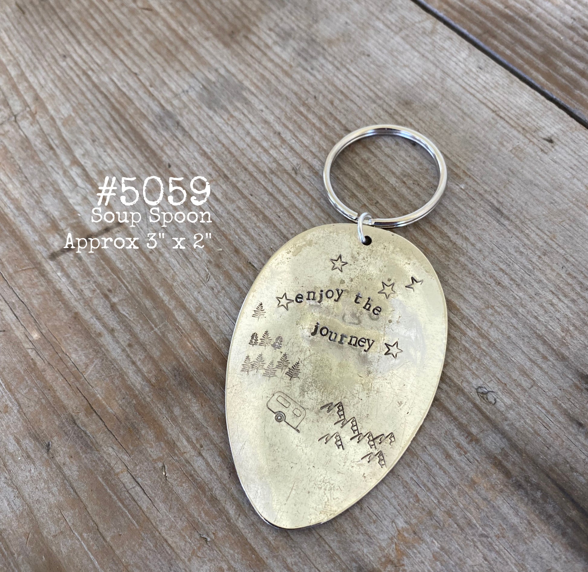 Hand-stamped vintage spoon keychain Enjoy the Journey detail showing antique silverplate patina