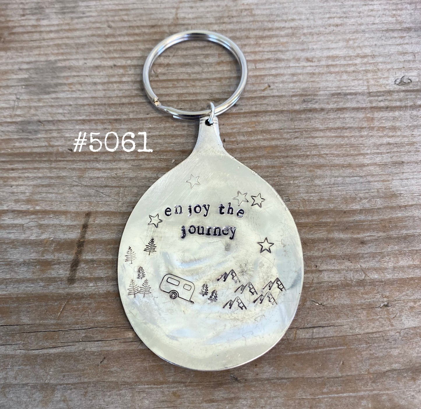 Upcycled vintage spoon keychain with Enjoy the Journey message handcrafted travel gift accessory