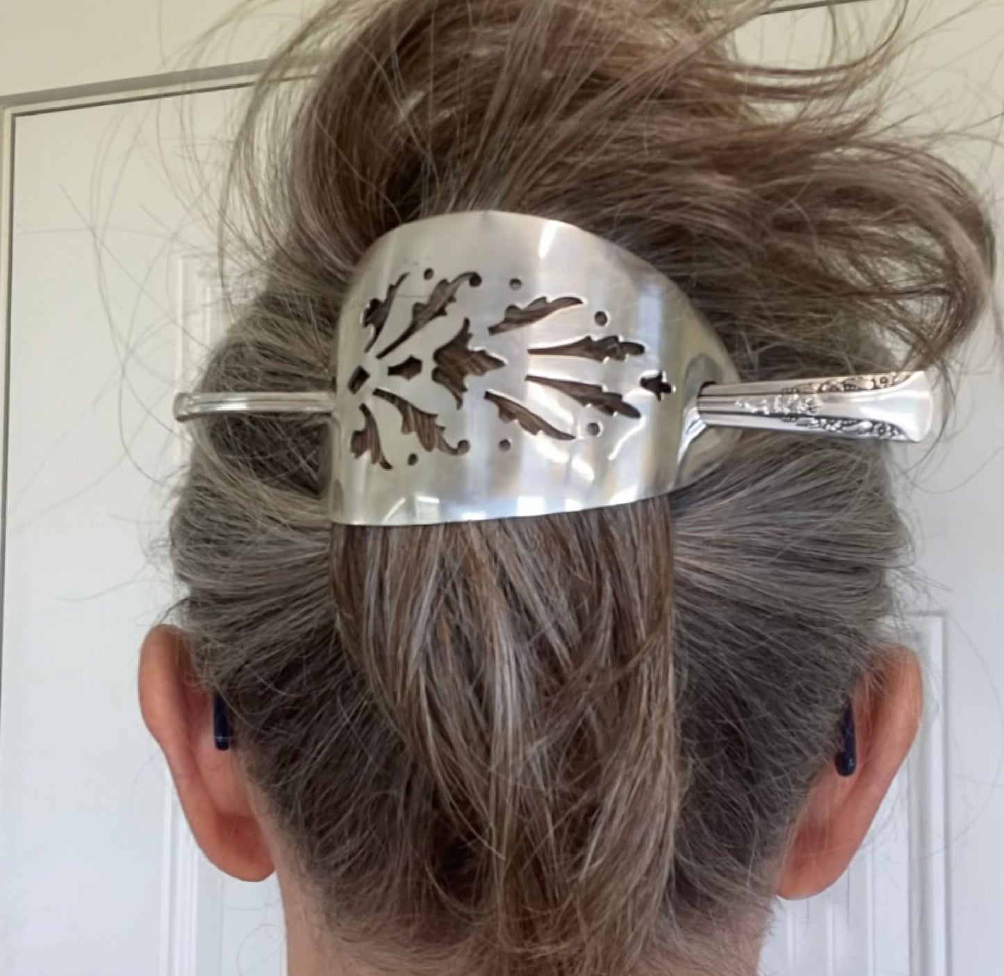 Handmade Hari Barrette from Upcycled cake server shown on Model