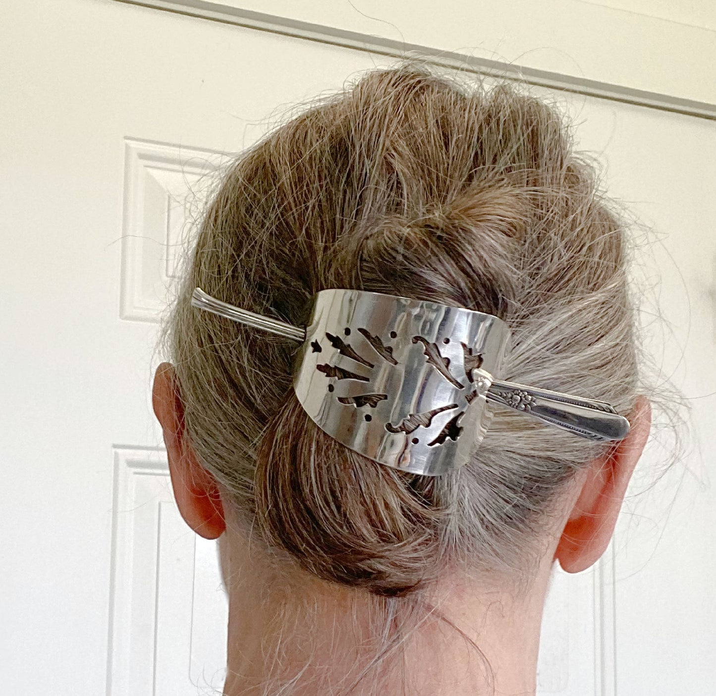 Hair Barrette from Upcycled Cake server shown on model