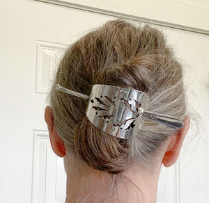 Hair Barrette from Upcycled Cake server shown on model