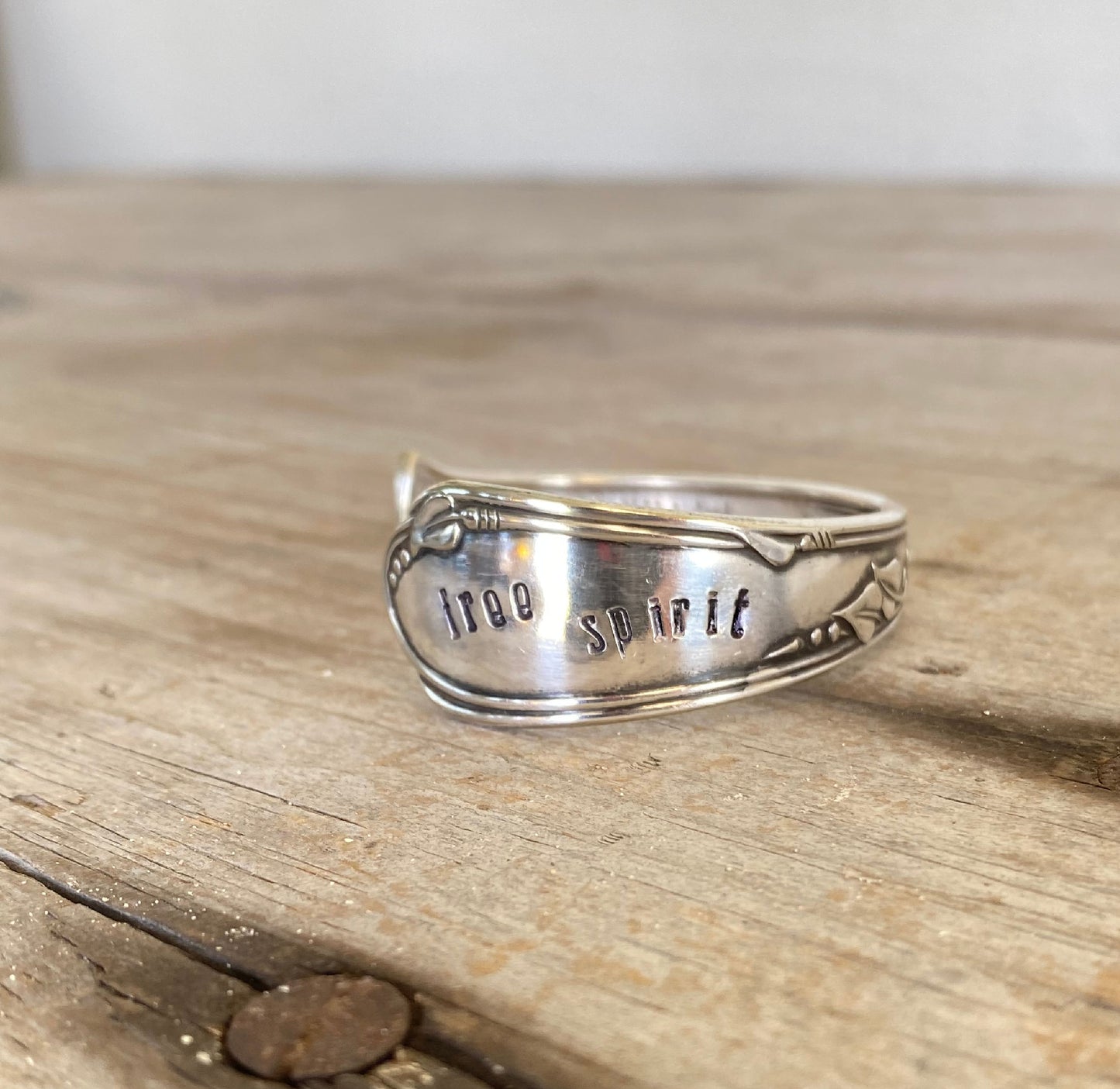Hand-stamped spoon cuff bracelet from William A. Rogers Meadowbrook/Heather pattern with FREE SPIRIT message and floral design