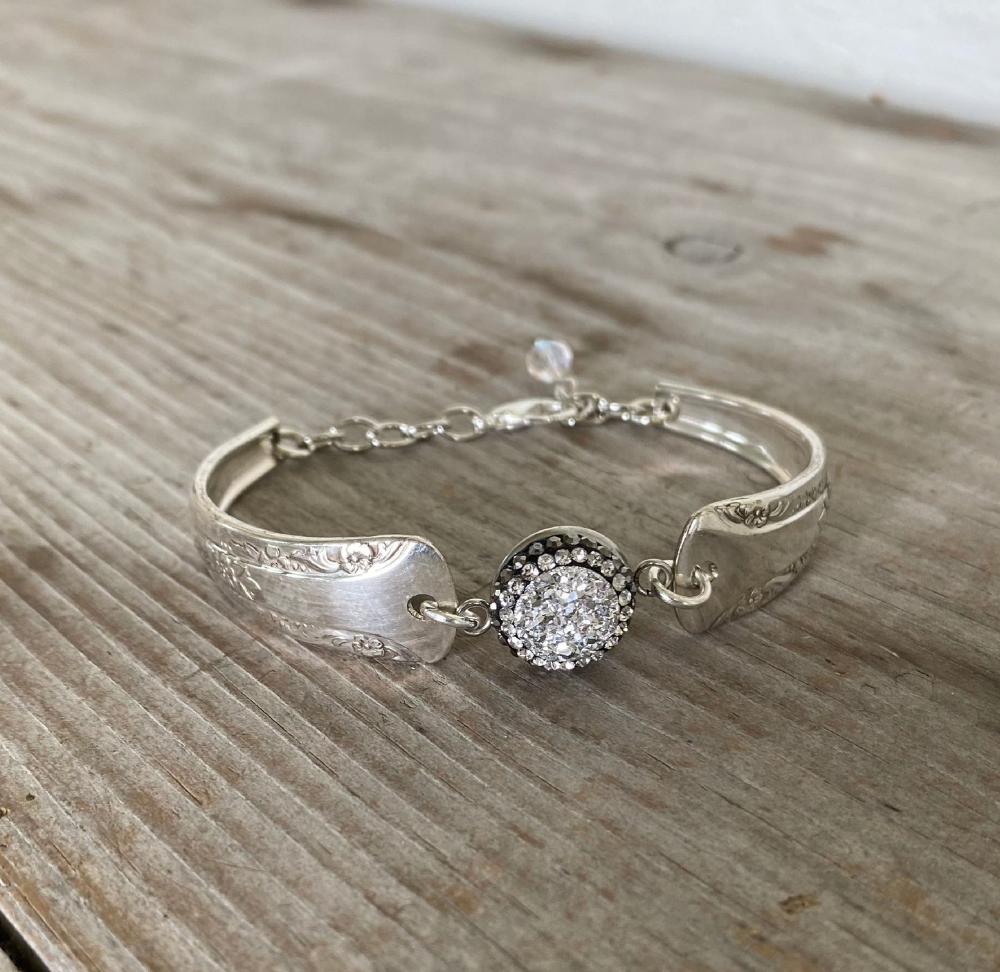 Handcrafted Camelia spoon link bracelet with sparkly druzy pavé bead - premium upcycled vintage silverware artisan jewelry