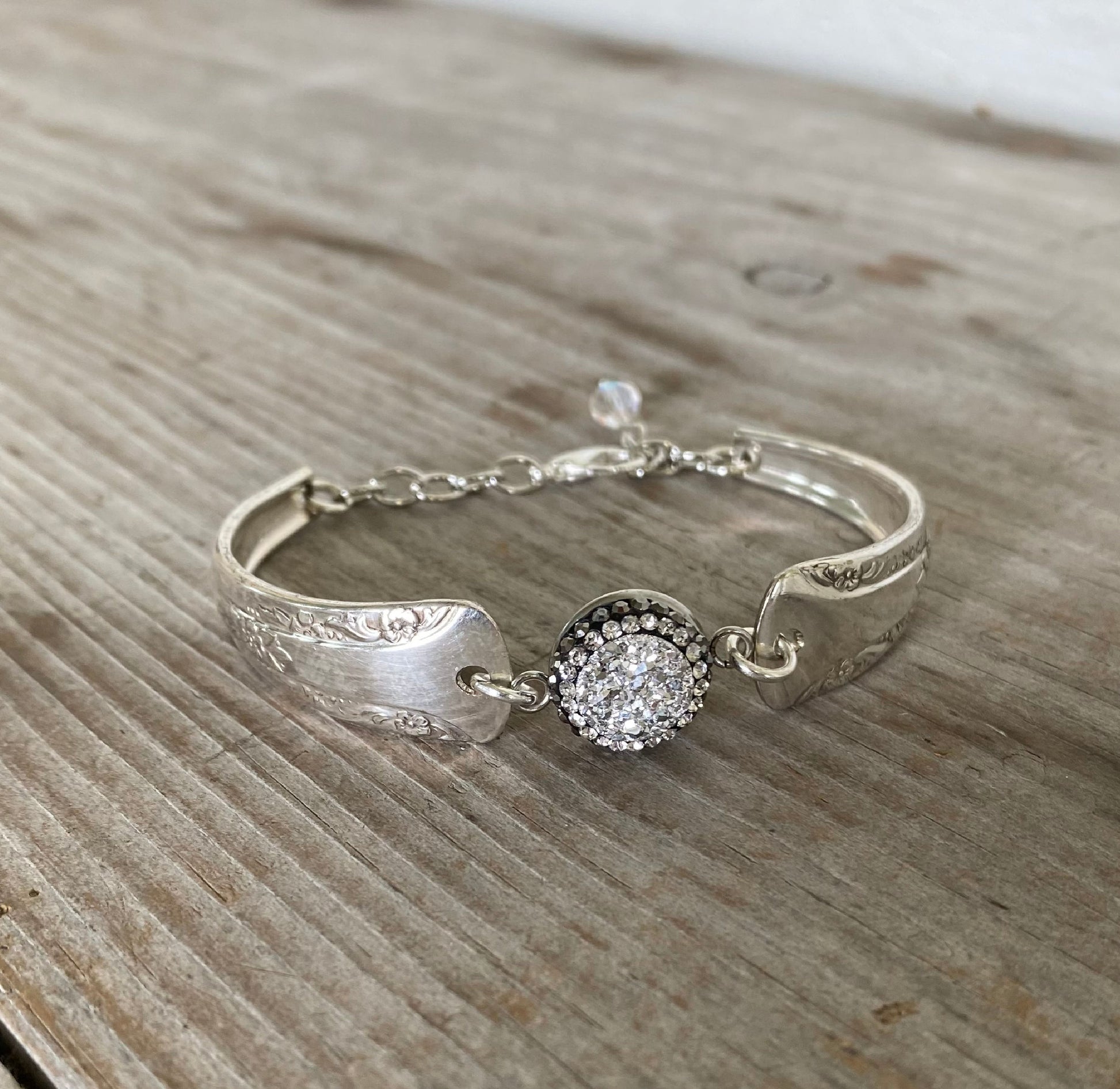 Handcrafted Camelia spoon link bracelet with sparkly druzy pavé bead - premium upcycled vintage silverware artisan jewelry