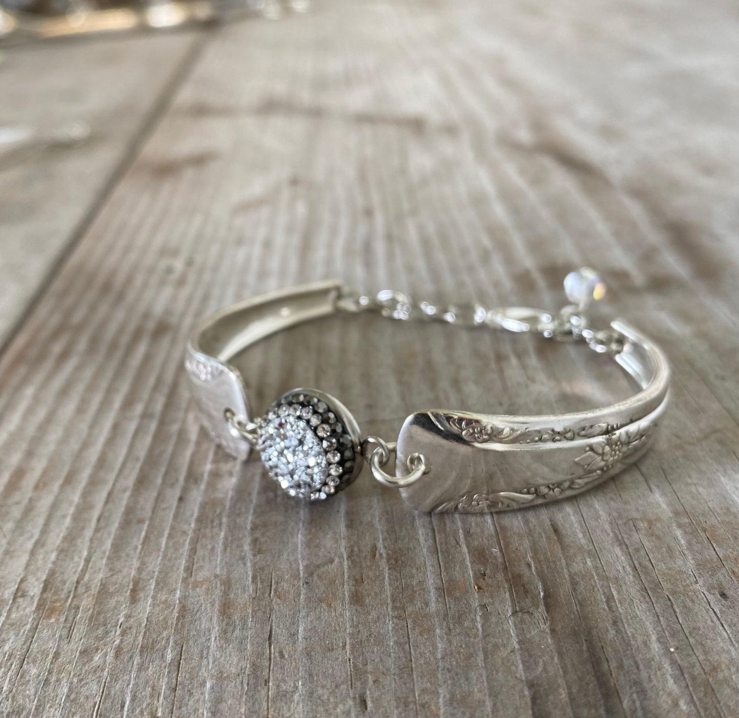 Close-up detail of Camelia spoon links with druzy pavé centerpiece bead - handcrafted artisan vintage silverware bracelet