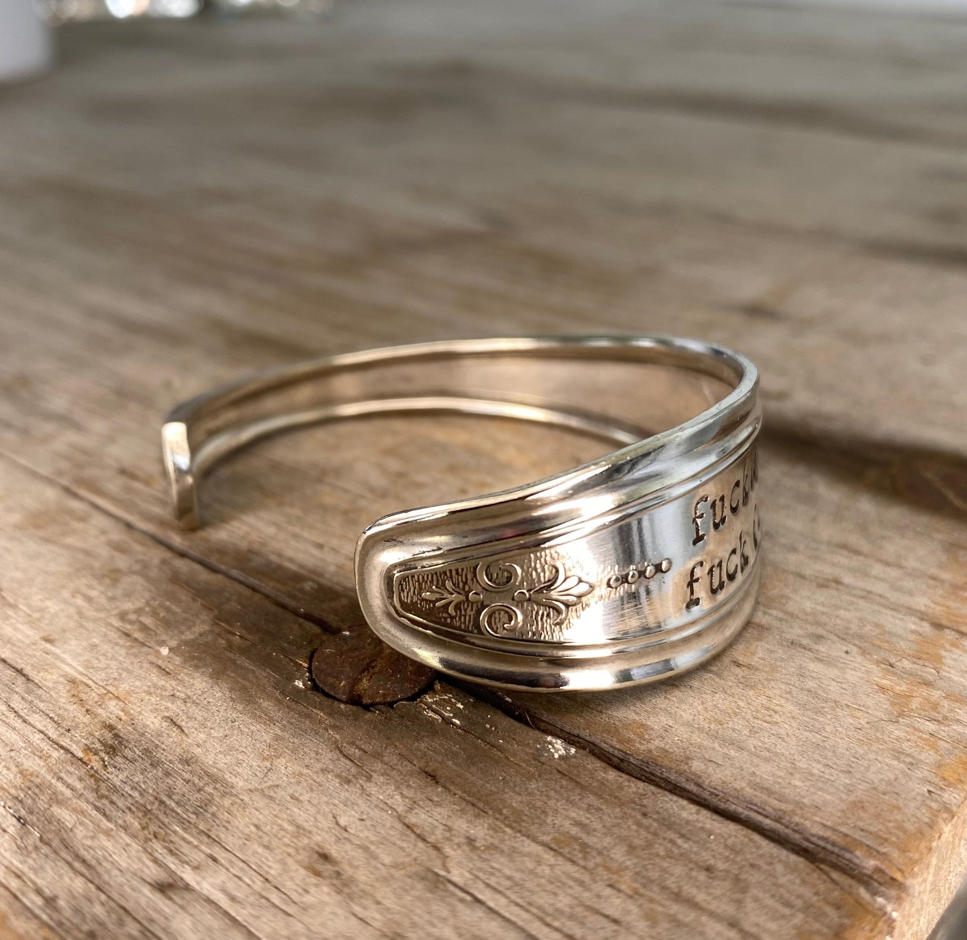Upcycled silverware spoon cuff bracelet with handstamped words FUCKITY FUCK FUCK