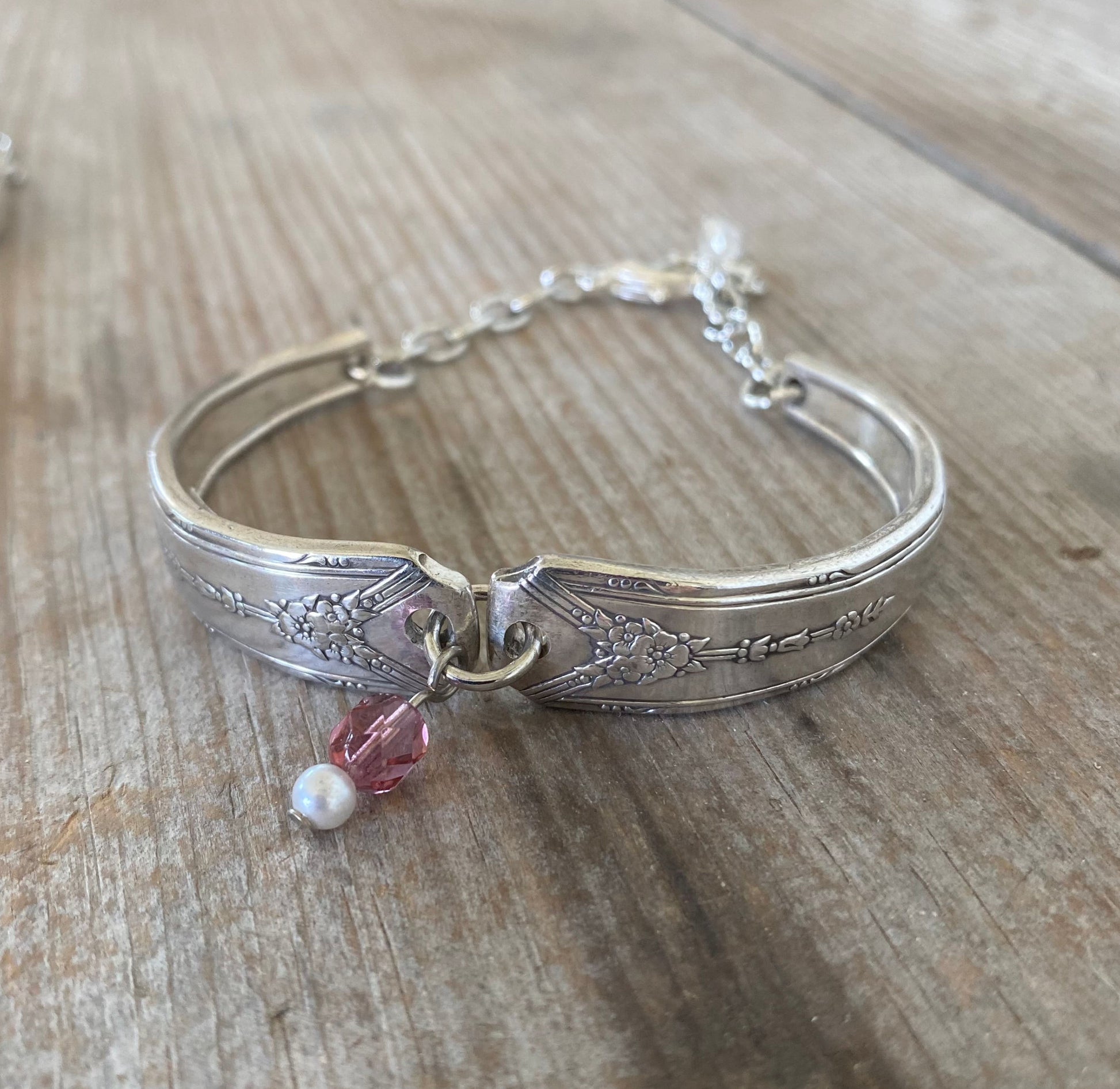 Handcrafted Milady spoon link bracelet with beads - premium upcycled vintage silverware artisan jewelry