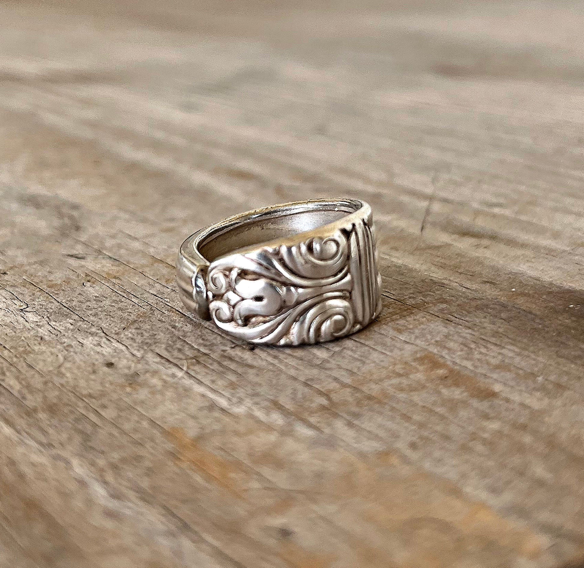 Rich detail of DANISH QUEEN spoon ring made from upcycled vintage silverware - handmade artisan jewelry
