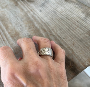 Danish Queen Spoon Ring Made from upcycled vintage  silverware handle Shon on model's hand