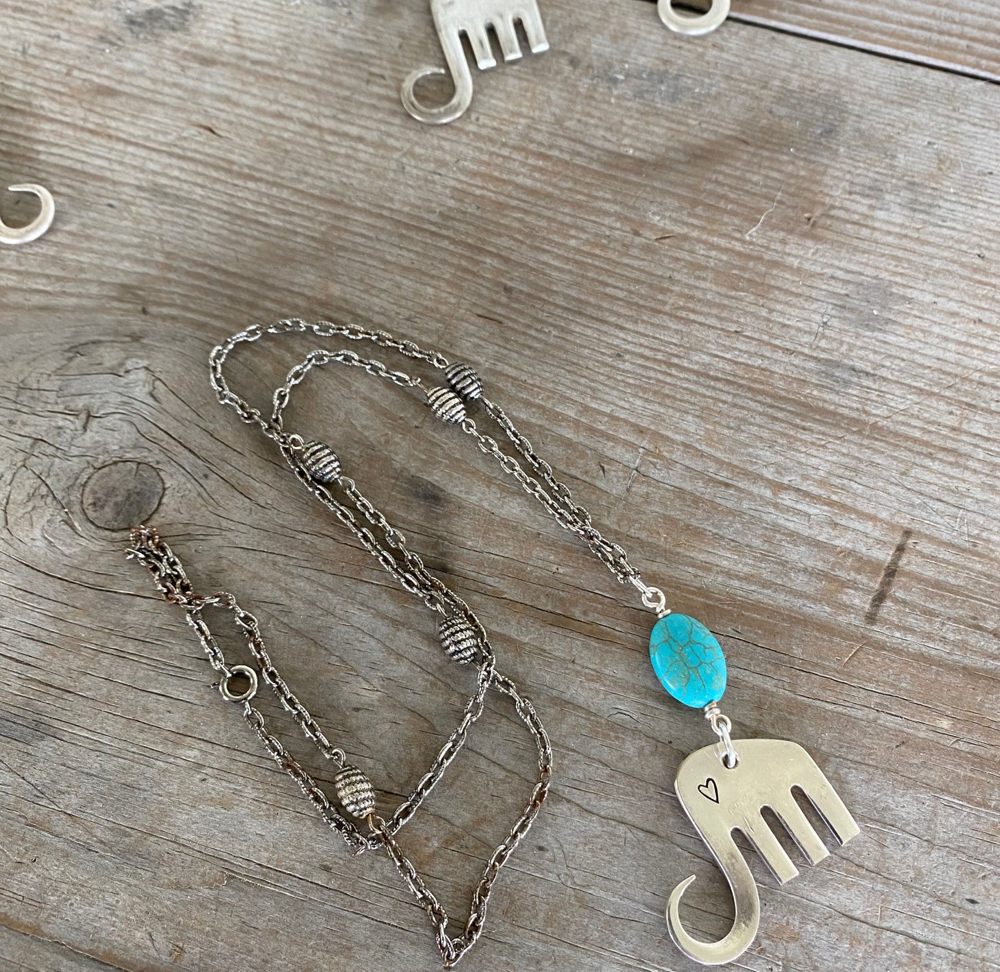 Fork Elephant Necklace with Turquoise Colored Stone - #5170