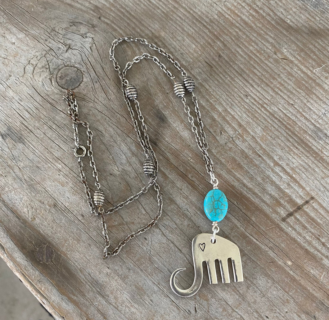 Fork Elephant Necklace with Turquoise Colored Stone - #5170