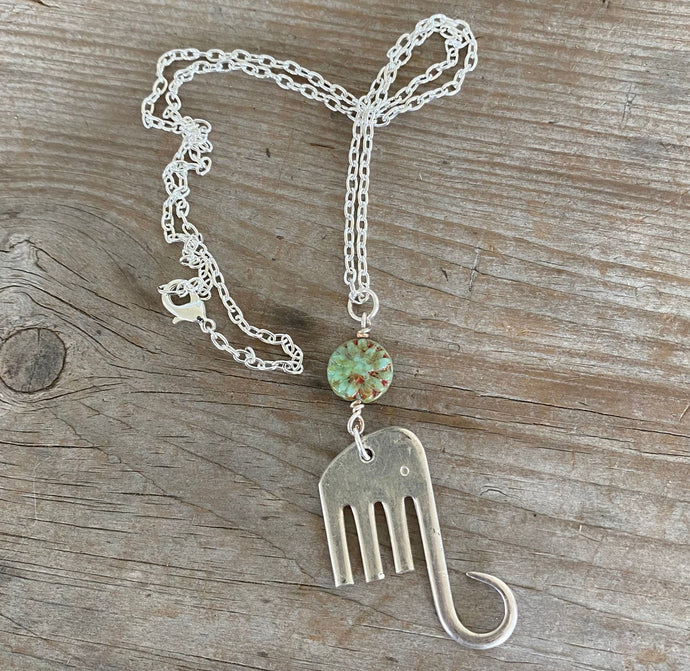 Fork Elephant Necklace w/ Sage Green Bead - #5173