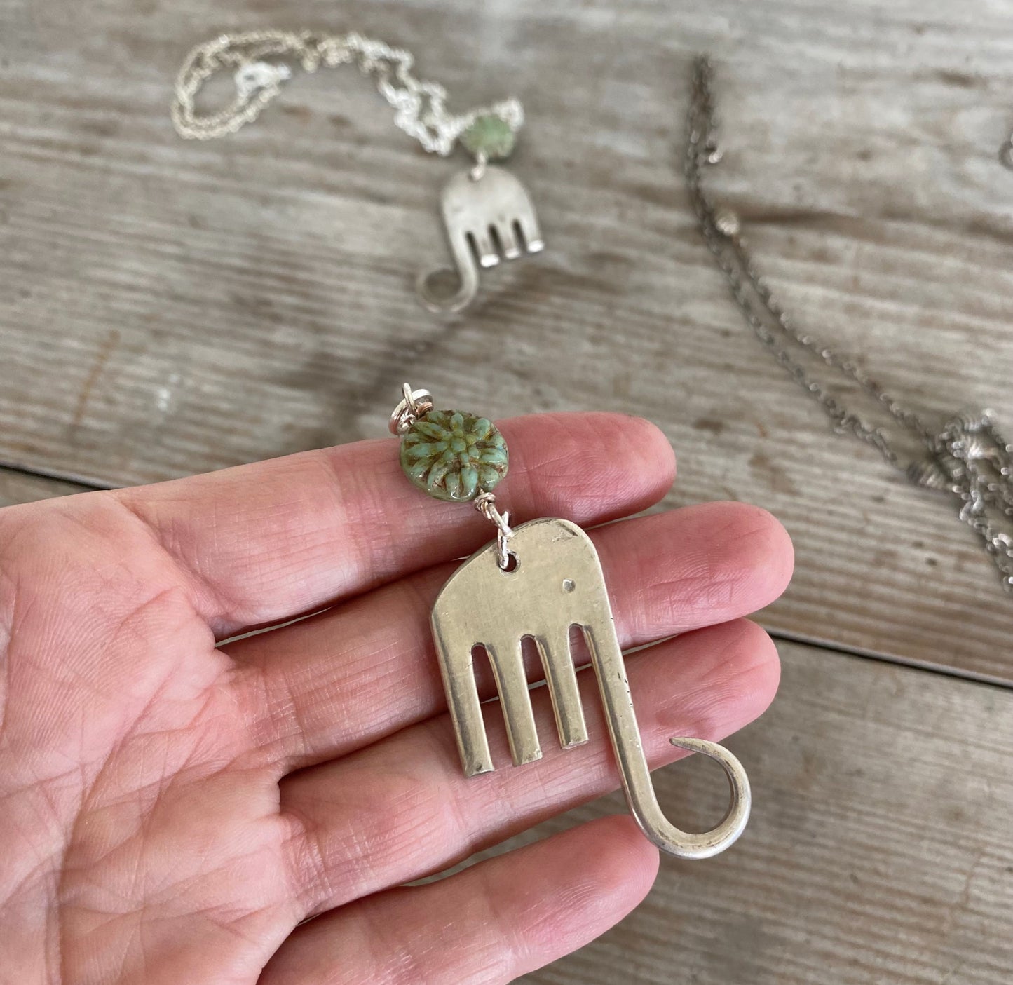 Fork Elephant Necklace w/ Sage Green Bead - #5173