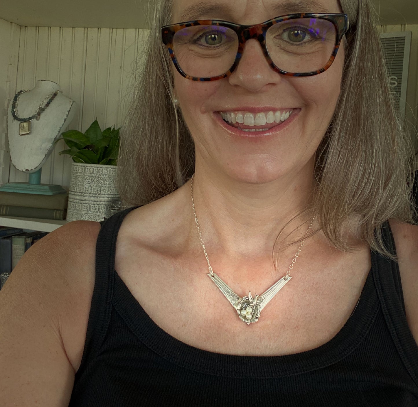Spoon Chevron Necklace with Bird Nest Charm - #5176