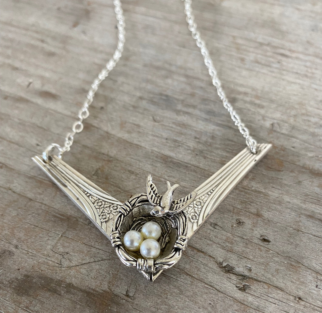 Spoon Chevron Necklace with Bird Nest Charm - #5176