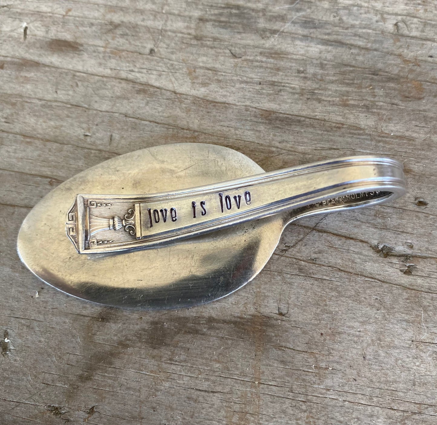 Century pattern spoon money clip with LOVE IS LOVE inscription - unique LGBTQ+ pride gift made from vintage silverware