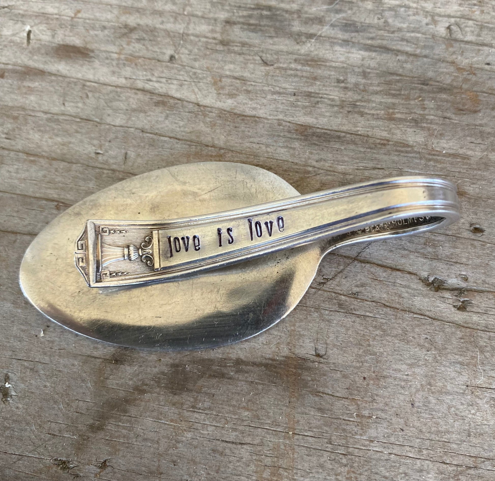 Century pattern spoon money clip with LOVE IS LOVE inscription - unique LGBTQ+ pride gift made from vintage silverware