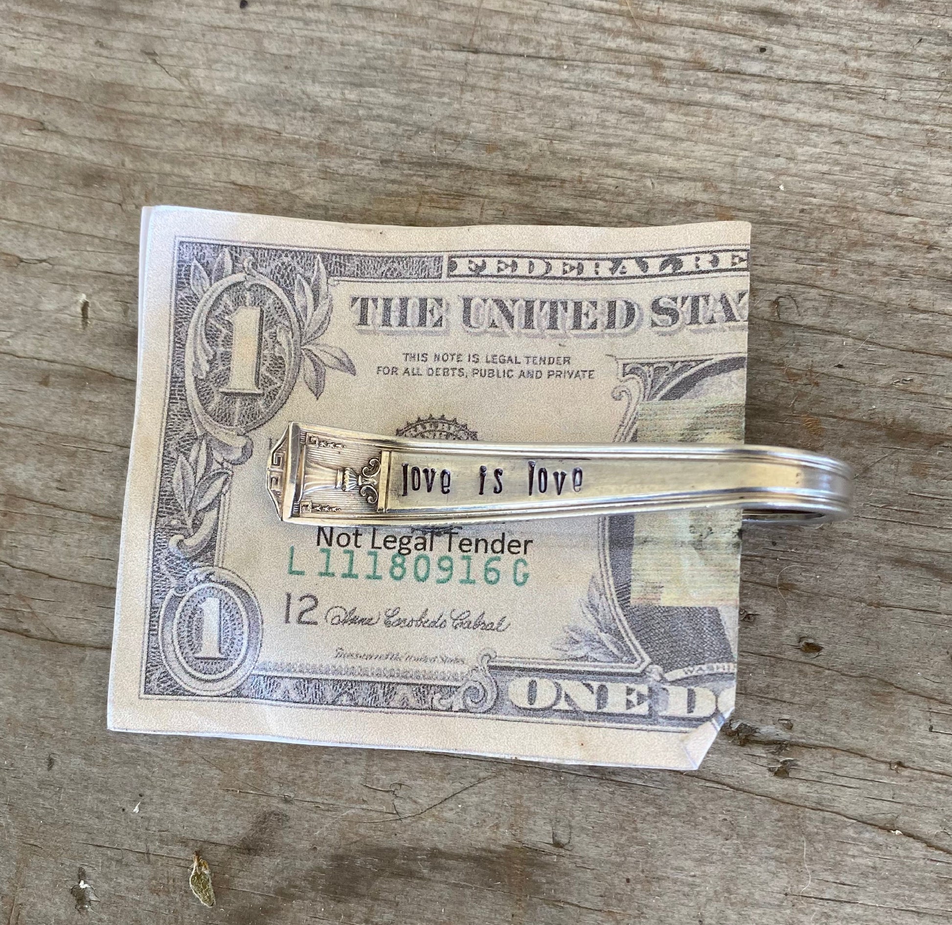 LOVE IS LOVE hand-stamped money clip made from upcycled Century pattern silverware