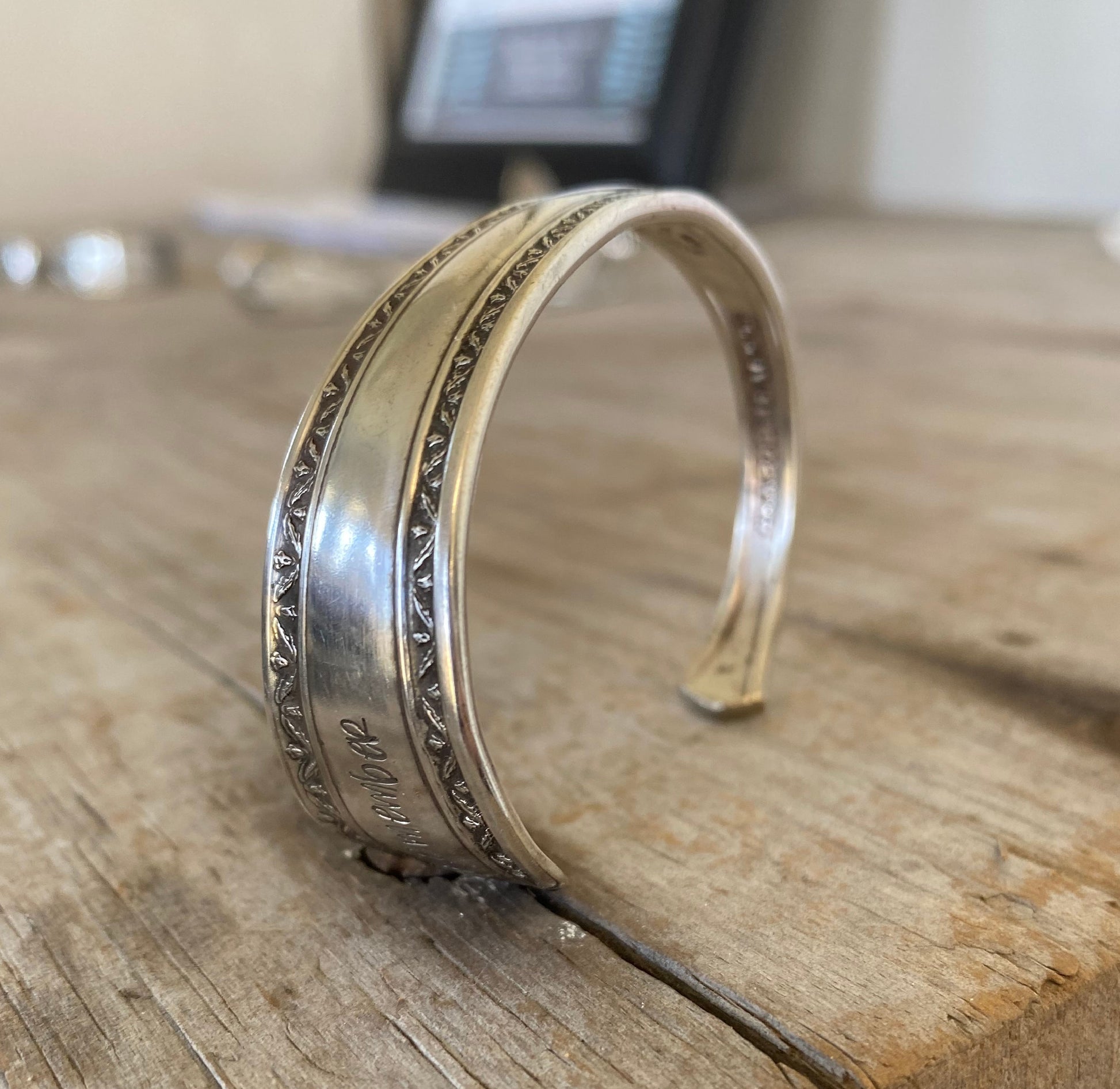 Hand-stamped spoon cuff bracelet from William A. Rogers Croydon/Mary Lee pattern with REMEMBER message