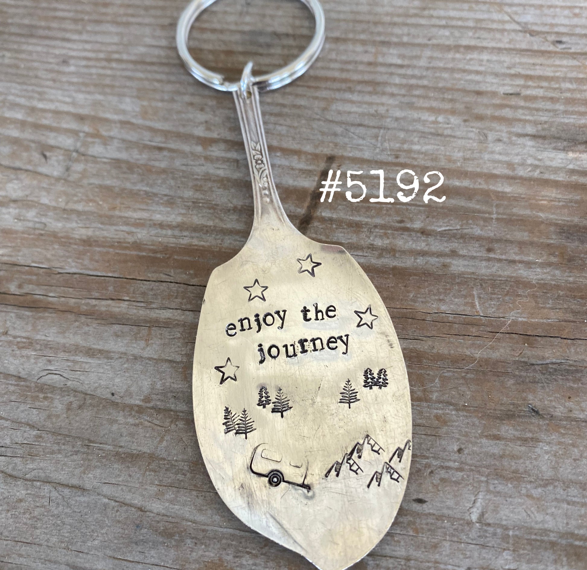 Upcycled vintage silverware keychain with Enjoy the Journey inspirational hand-stamped message
