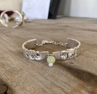upcycled silverware jewelry spoon link bracelet with Peridot stone bead