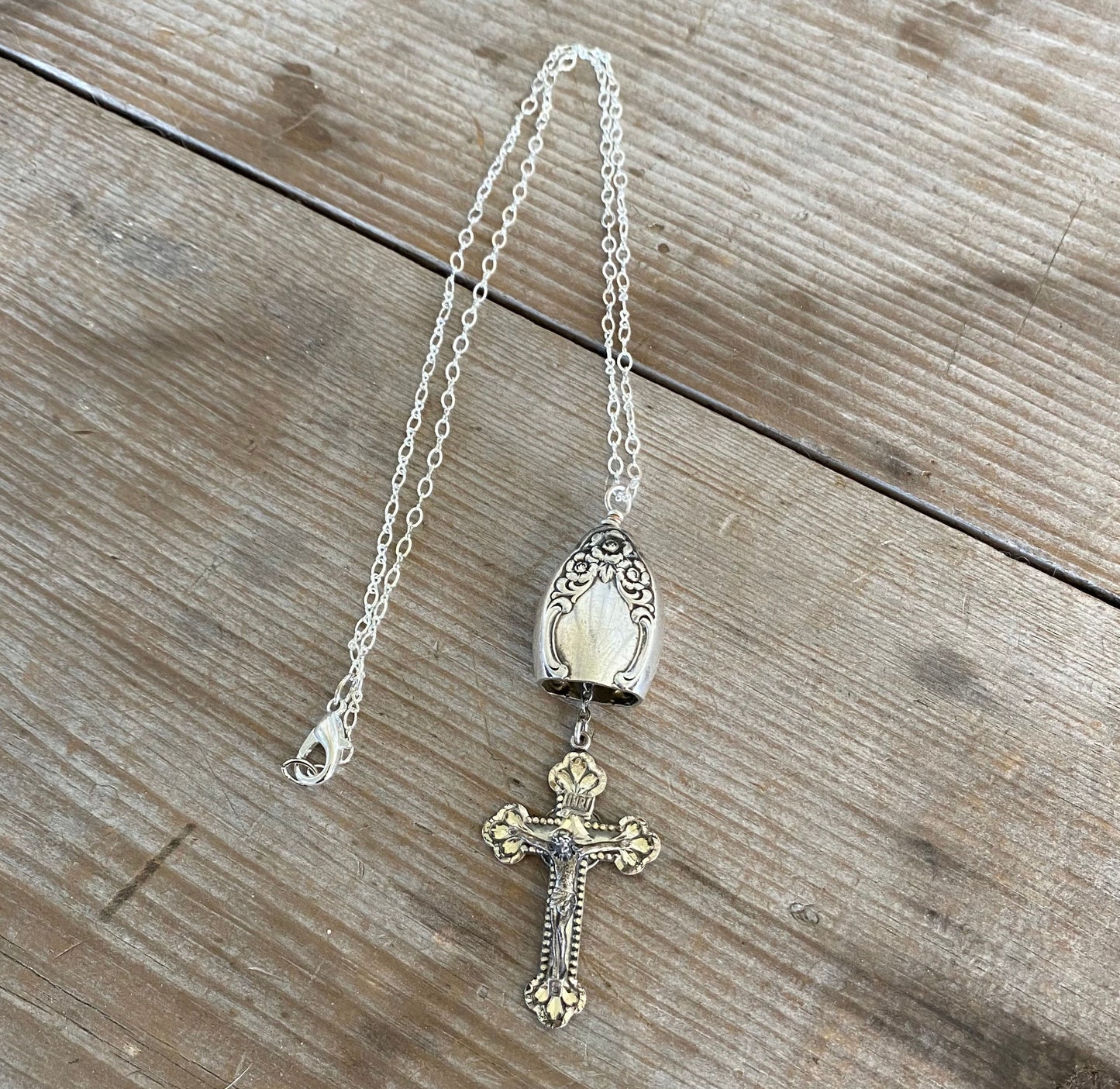 Handcrafted knife bell necklace with vintage sterling rosary cross - upcycled silverware religious jewelry