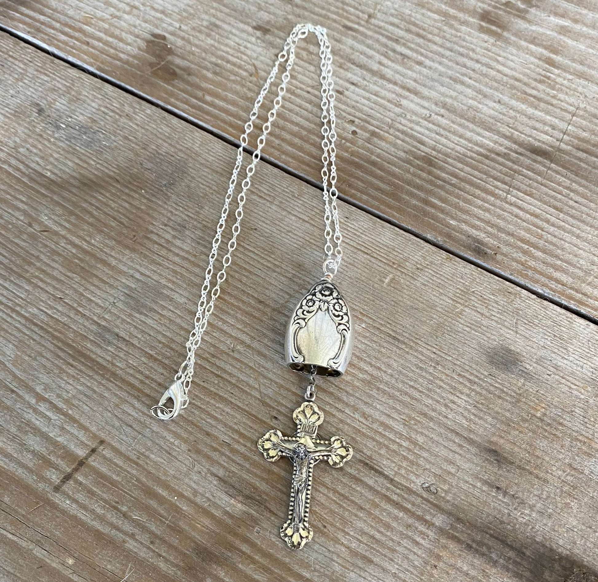 Handcrafted knife bell necklace with vintage sterling rosary cross - upcycled silverware religious jewelry