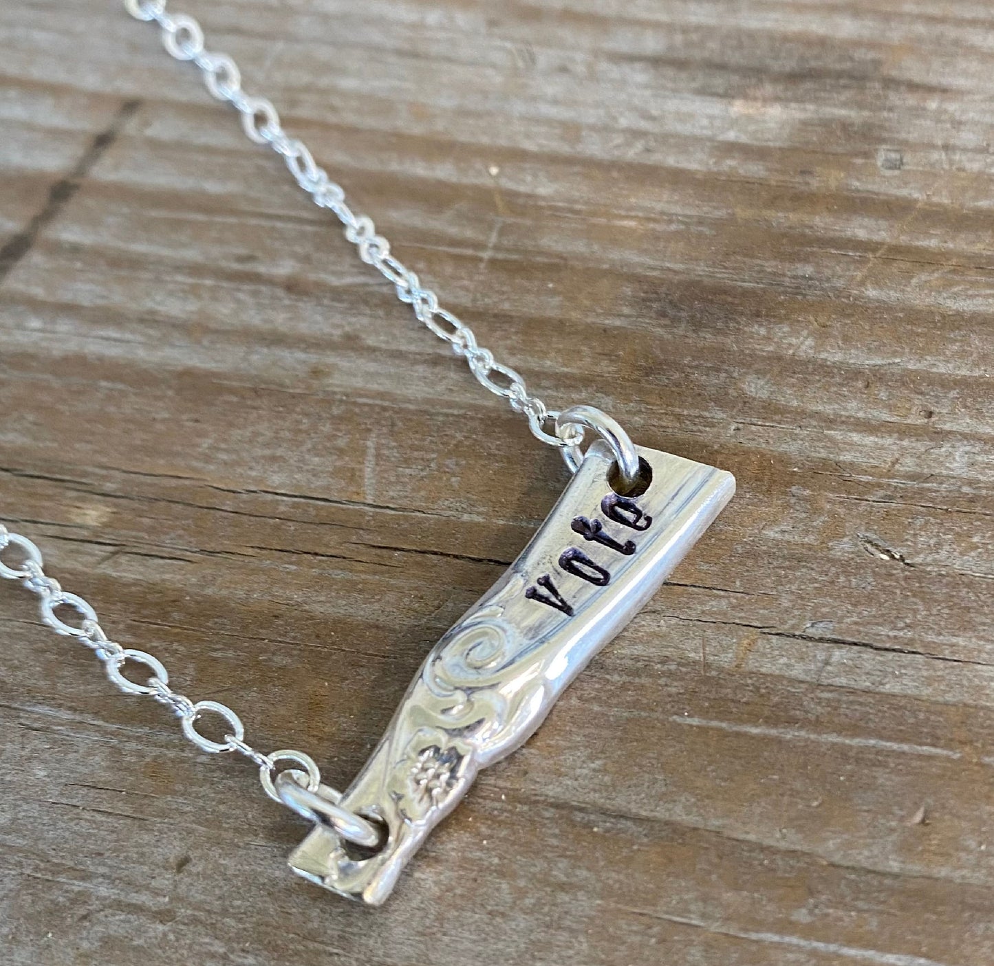 VOTE bar necklace on chain showing layerable design and meaningful upcycled silverplate pendant, 8-inch drop