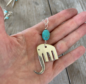 Fork Elephant Necklace w/ Turquoise Colored Stone - #5244